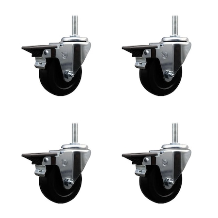 Service Caster 35 Inch Hard Rubber Wheel Swivel 58 Inch Threaded Stem Caster Set with Brake SCC SCC-TS20S3514-HRS-PLB-58212-4